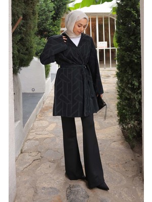 İmaj Butik Siyah Kapüşonlu Lazer Kesim Kot Ceket