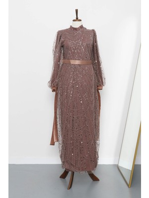 İmaj Butik Vizon Boncuklu Payetli Kemerli Abiye Şifon Kumaş ile Zarif Tasarım