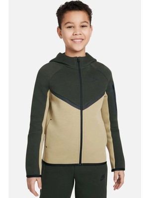 Nike Sportswear Smooth Tech Fleece Full Zıp Hooded Kapişonlu Fermuarlı Çocuk Sweatshirt Haki