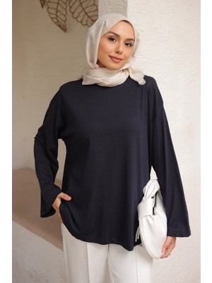 İmaj Butik Lacivert Bisiklet Yaka Oversize Kol İnce Penye Sweat