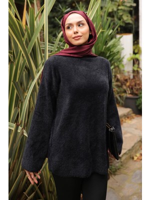 İmaj Butik Siyah Dik Yaka Angora Yumoş Triko Kazak
