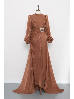 İmaj Butik Kahverengi Önü Taş Detaylı Abiye