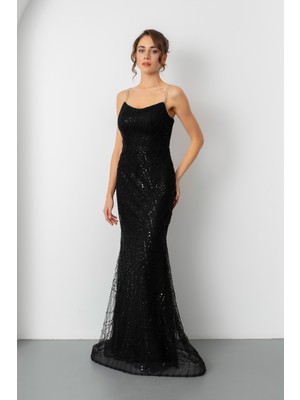 Lafaba Kadın Siyah Askılı Boncuklu Uzun Balık Abiye Elbise
