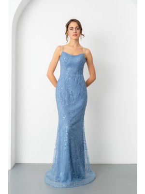 Lafaba Kadın Indigo Askılı Boncuklu Uzun Balık Abiye Elbise