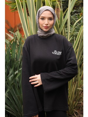 İmaj Butik Siyah Sırt Baskı Detaylı İki İplik Sweatshirt