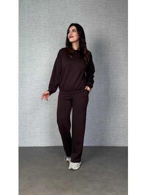 Kadın Uzun Kollu Bisiklet Yaka Viskon Iki Iplik Bluz ve Pantolon Ikili Takım