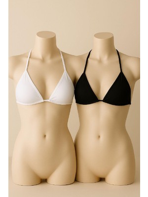 İmoda Kadın Siyah ve Beyaz Minimal Kesim Üçgen Bikini Üstü