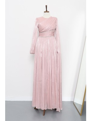 İmaj Butik Pudra Bel Büzgülü Taşlı Abiye
