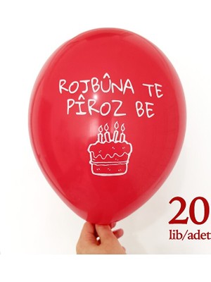 Zerya Kürtçe Doğum Günü Balonu - Kırmızı (20 Adet) - Rojbuna Te Piroz Be 12 Inç - 30 cm