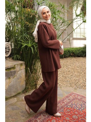 İmaj Butik Kahverengi Fermuarlı Angora Yumoş Hırka Pantolonlu Takım