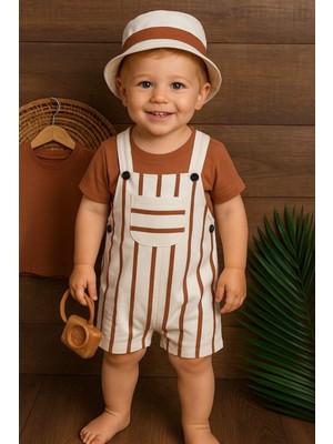 Dinamik çocuk Çizgili Safari Şapkalı Omuzdan Çıtçıtlı Badi Yazlık Erkek Bebek Salopet Takım