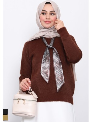 İmaj Butik Kahverengi Fular Detaylı Angora Yumoş Kazak