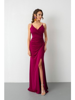 Lafaba Kadın Fuşya Sırt Dekolteli Simli Uzun Abiye Elbise