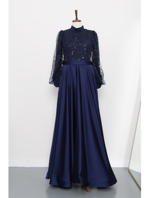 İmaj Butik Lacivert Boncuklu İşlemeli Saten Abiye