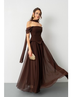 Lafaba Kadın Kahverengi Şal Yaka Straplez Söz Nişan Abiye Elbise