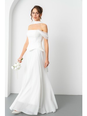 Lafaba Kadın Beyaz Şal Yaka Straplez Söz Nişan Abiye Elbise