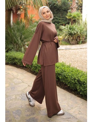 İmaj Butik Kahverengi Bel Bağlamalı Tunik Pantolonlu Modal Takım