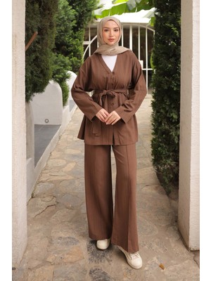 İmaj Butik Kahverengi Bel Kuşaklı  Keten Tunik Pantolonlu Takım