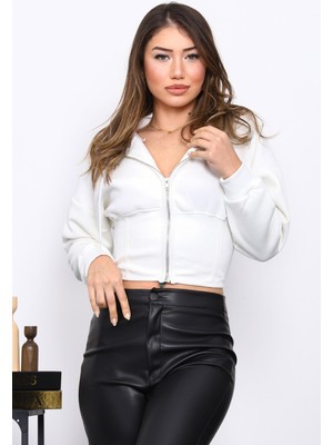 İmaj Butik Ekru Bel Korseli Üç İplik Fermuarlı Sweat Hırka