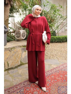 İmaj Butik Bordo Fermuarlı Angora Yumoş Hırka Pantolonlu Takım