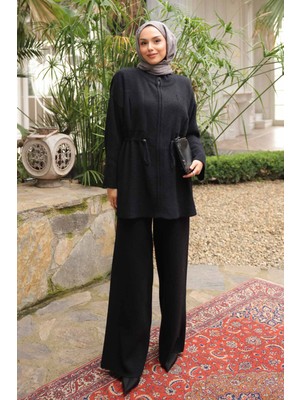 İmaj Butik Siyah Fermuarlı Angora Yumoş Hırka Pantolonlu Takım