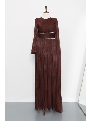 İmaj Butik Kahverengi Bel Büzgülü Taşlı Abiye