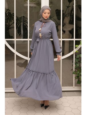 İmaj Butik Gri Eteği Katlı Kuşaklı Şifon Elbise