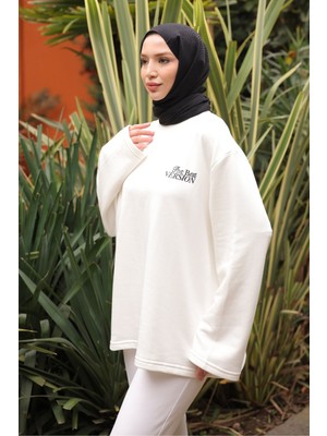İmaj Butik Ekru Sırt Baskı Detaylı İki İplik Sweatshirt