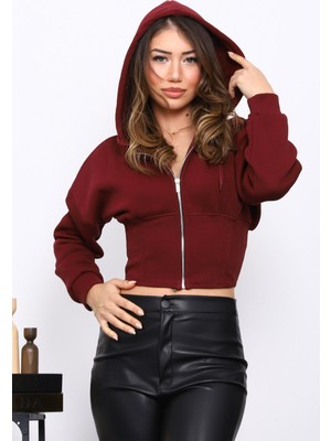 İmaj Butik Bordo Bel Korseli Üç İplik Fermuarlı Sweat Hırka