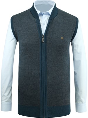 Çizgi Triko Erkek Triko Yelek Fermuarlı Cepli Çelik Örgü Triko Klasik Kalıp - 5015J