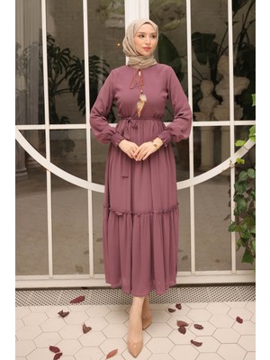 İmaj Butik Gül Kurusu Eteği Katlı Kuşaklı Şifon Elbise