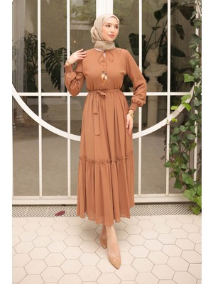 İmaj Butik Camel Eteği Katlı Kuşaklı Şifon Elbise