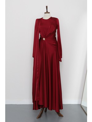 İmaj Butik Bordo Önü Pelerinli Drapeli Saten Abiye