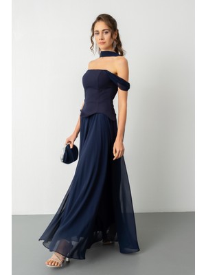 Lafaba Kadın Lacivert Şal Yaka Straplez Söz Nişan Abiye Elbise