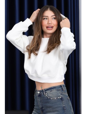 İmaj Butik Ekru Kapşonlu İçi Şardonlu Üç İplik Sweatshirt