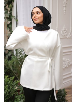 İmaj Butik Krem Kuşaklı Scuba Kimono Ceket