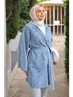 İmaj Butik Mavi Kapüşonlu Lazer Kesim Kot Ceket