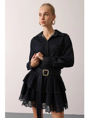 Cemo Kontrast Dikişli Denim Mini Elbise