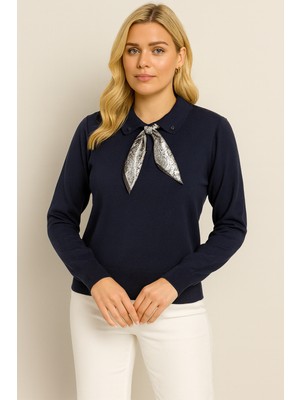 Sibel Günay Butik Kadın Fular Detaylı Polo Yaka Likralı Lacivert Triko Kazak | Standart Beden