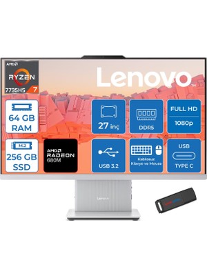 Lenovo Ideacentre Aıo 27ARR9 Amd Ryzen 7 7735HS 64GB Ddr5 256GB SSD Freedos Radeon 680M 27 Inç Fhd (1920X1080) IPS 300NITS Bulut Gri All In One Bilgisayar ICF0HQ008GTRF26 + Zetta Flash Bellek
