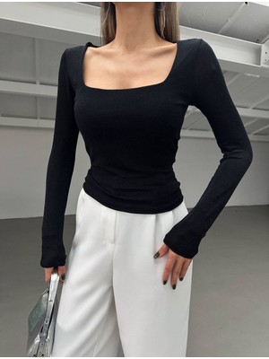 Cemo Kare Yaka Işıltılı Uzun Kollu Bluz