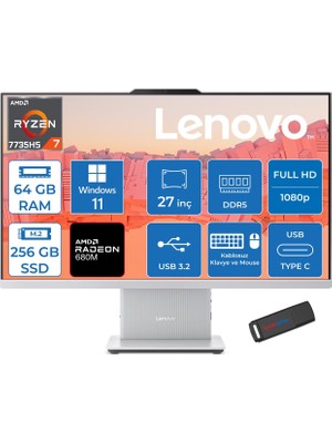 Lenovo Ideacentre Aıo 27ARR9 Amd Ryzen 7 7735HS 64GB Ddr5 256GB SSD Windows 11 Home Radeon 680M 27 Inç Fhd (1920X1080) IPS 300NITS Bulut Gri All In One Bilgisayar ICF0HQ008GTRH26 + Zetta Flash Bellek