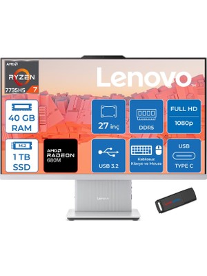 Lenovo Ideacentre Aıo 27ARR9 Amd Ryzen 7 7735HS 40GB Ddr5 1tb SSD Freedos Radeon 680M 27 Inç Fhd (1920X1080) IPS 300NITS Bulut Gri All In One Bilgisayar ICF0HQ008GTRF18 + Zetta Flash Bellek