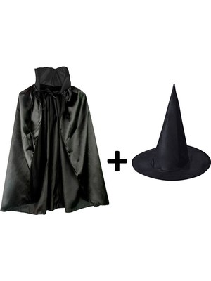 Urfakent Siyah Yakalı Pelerin ve Siyah Cadı Şapkası Seti Çocuk Boy