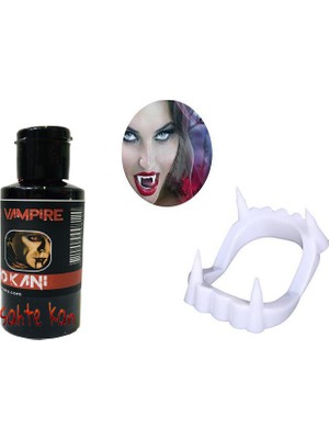 Urfakent Beyaz Renk Çift Damak Takma Vampir Dişi ve 50 gr Tiyatro Kanı Set