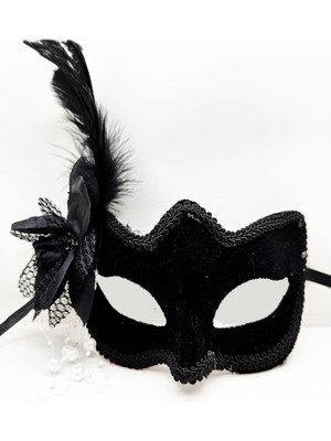 Urfakent Siyah Süet Yandan Tüylü Incili Parti Maskesi