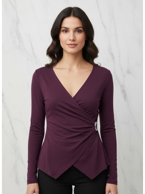 Gold Metal Tokalı Mürdüm Rengi Kruvaze Yaka Uzun Kollu Şık Bluz