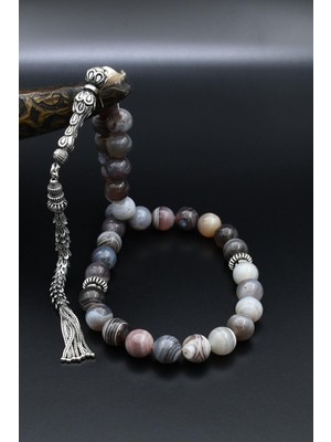 Prestige Gümüş Doğal Botswana Akik Taşlı 33'lük Tesbih 925 Ayar Gümüş Püsküllü 10MM Küre Kesim 902460