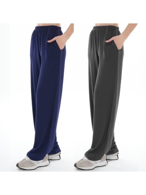 Asn Concept Kadın Viskon Kumaş 2'li Paket Lacivert/antrasit Eşofman Altı (Büyük Beden Seçeneğiyle)