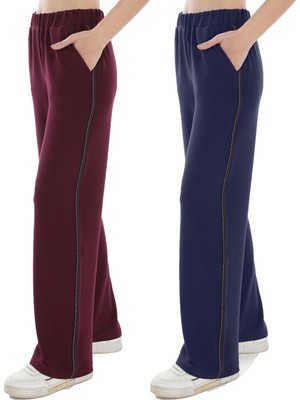 Asn Concept Kadın Yanı Ince Şeritili Viskon 2'li Paket Bordo/lacivert Eşofman Altı (Büyük Beden Seçeneğiyle)